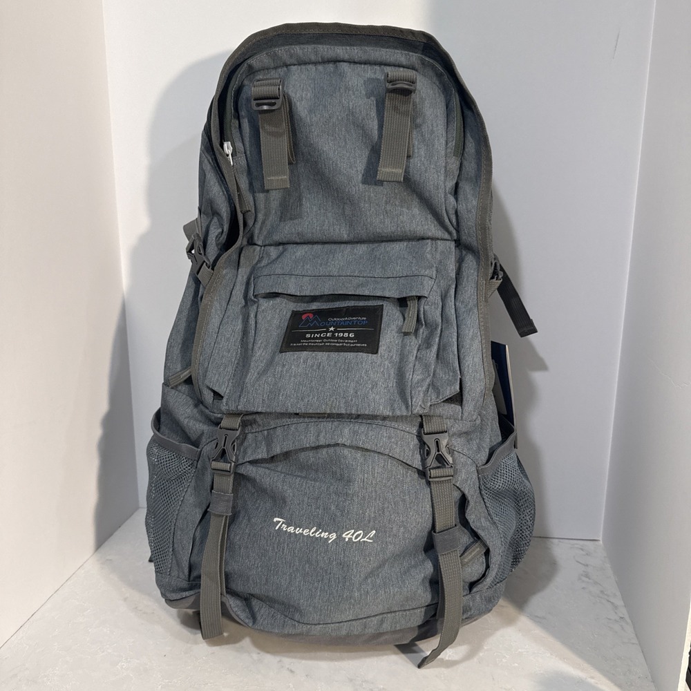 Hiking Backpack 40L Mountaintop Outdoor Adventure Traveling Gray w Rain Cover